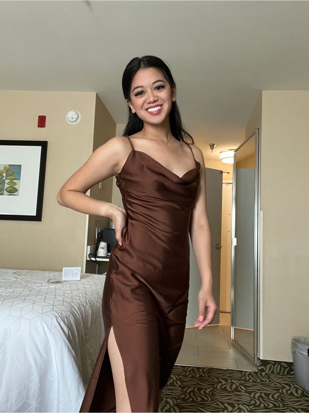 Forever 21 Chocolate Brown Satin Cowl Neck Slip Midi Dress
